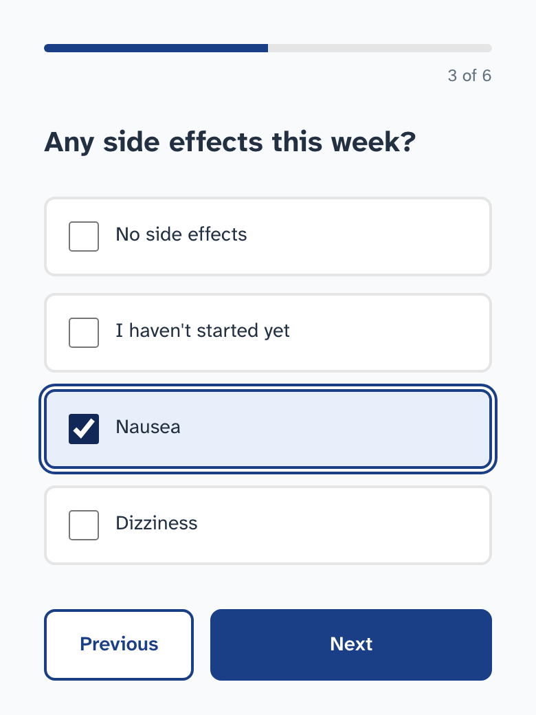 A patient check-in on a phone, asking 'Any side effects this week?' with Nausea selected.
